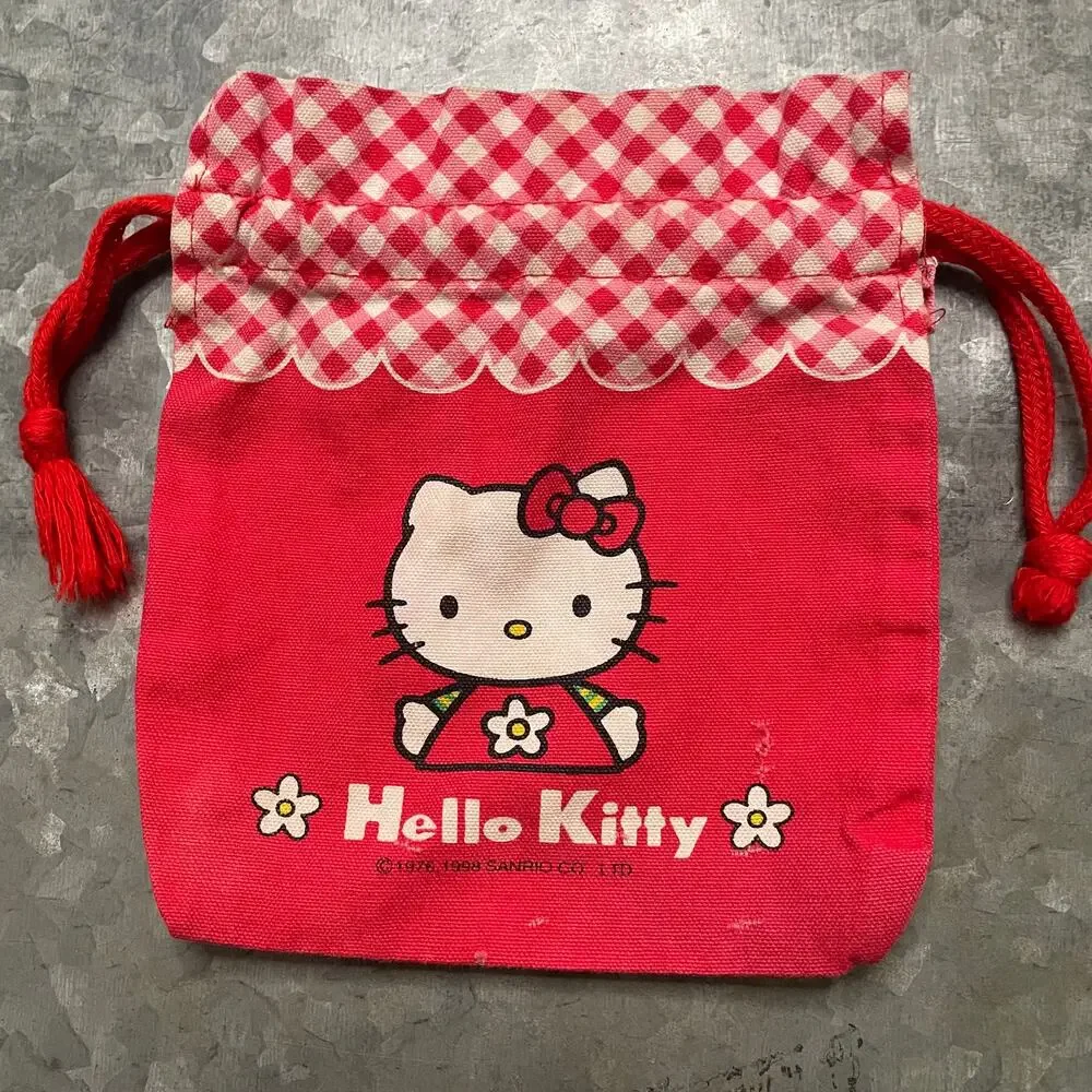 Vintage 90s Sanrio Hello Kitty Drawstring Bag Pouch Mini Red Plaid Bear Bird